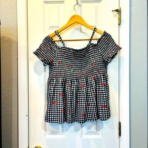 No boundaries black white checked shirt with cherries.  Size XL 15/17